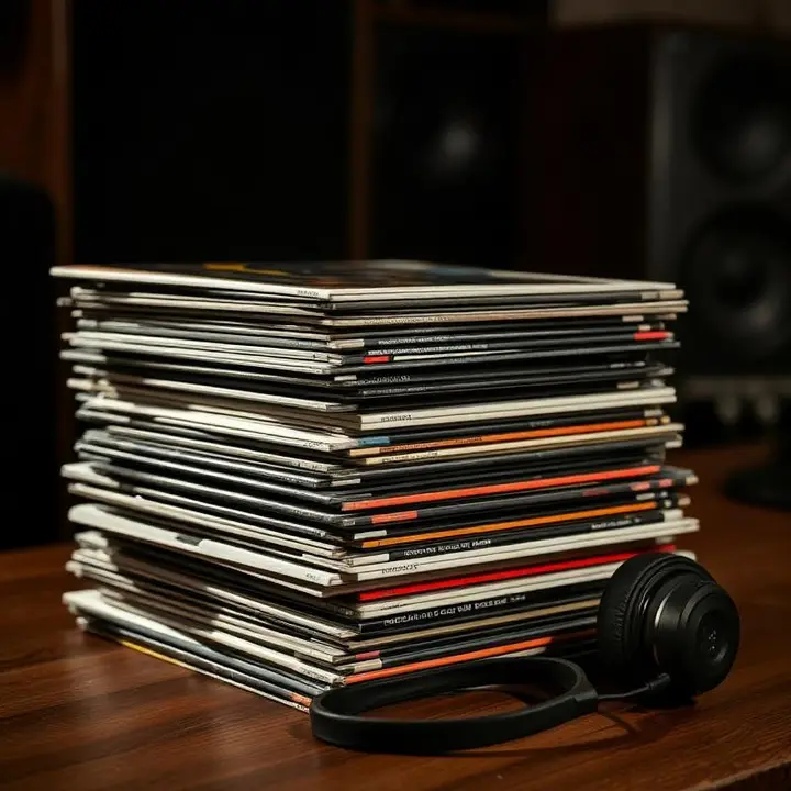 Stack of music albums and vinyl records with studio headphones on a wooden desk