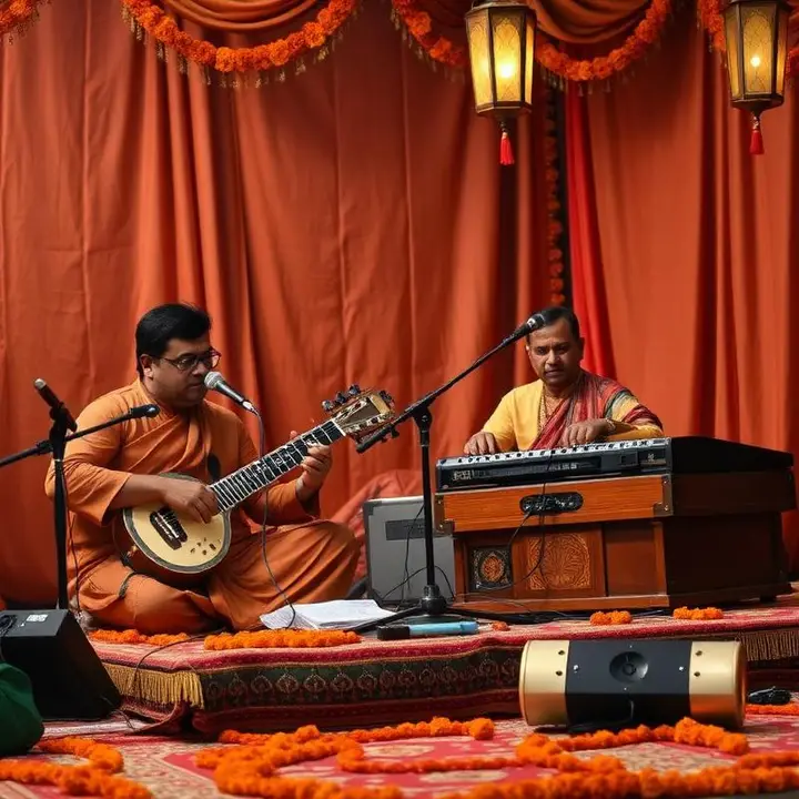 Bengali musicians performing Adhunik and Rabindra Sangeet with tanpura and harmonium