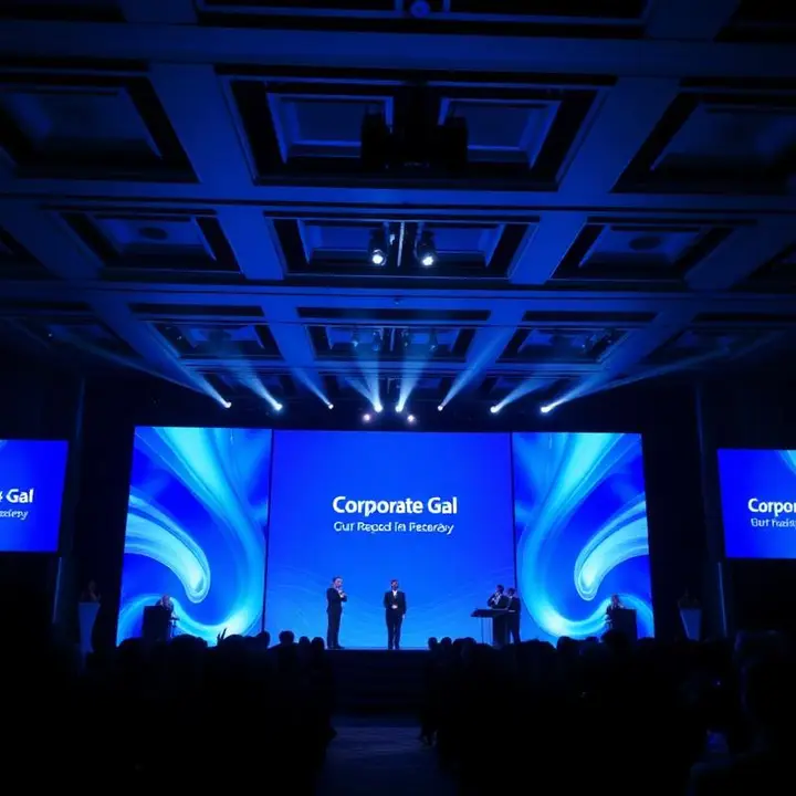 Corporate gala main stage with blue LED backdrop and formal audience