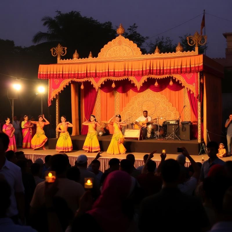 Indian cultural festival stage with classical dancers and live musicians in the evening