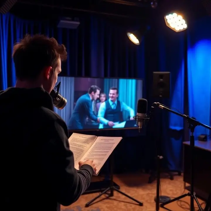 Voice dubbing artist reading script in front of film playback screen