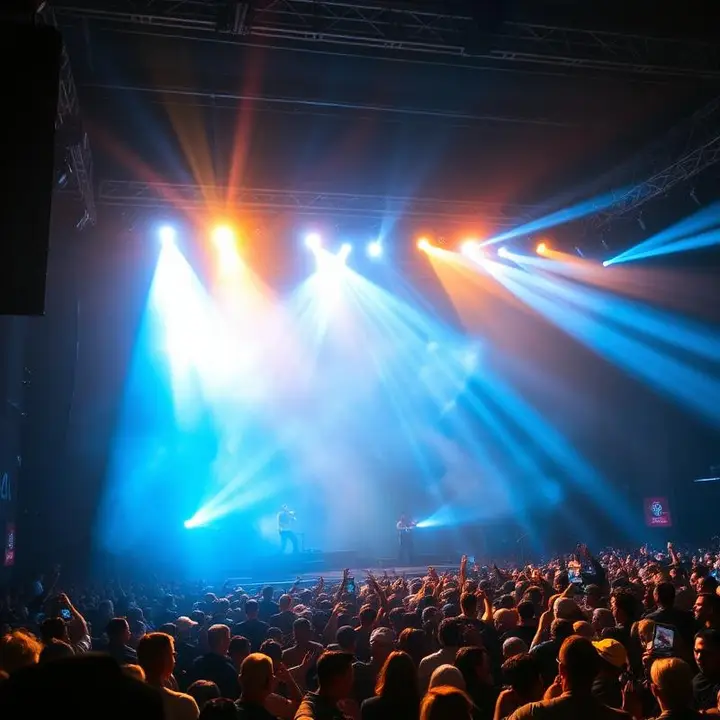High-energy live concert crowd lit by blue and amber spotlights