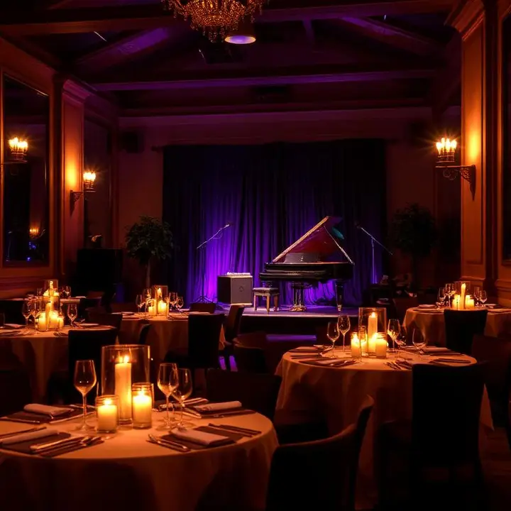 Elegant candlelit musical night venue with grand piano on a small stage