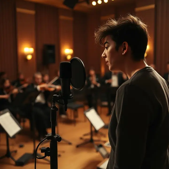 Playback singer recording film vocals in a studio with live orchestra