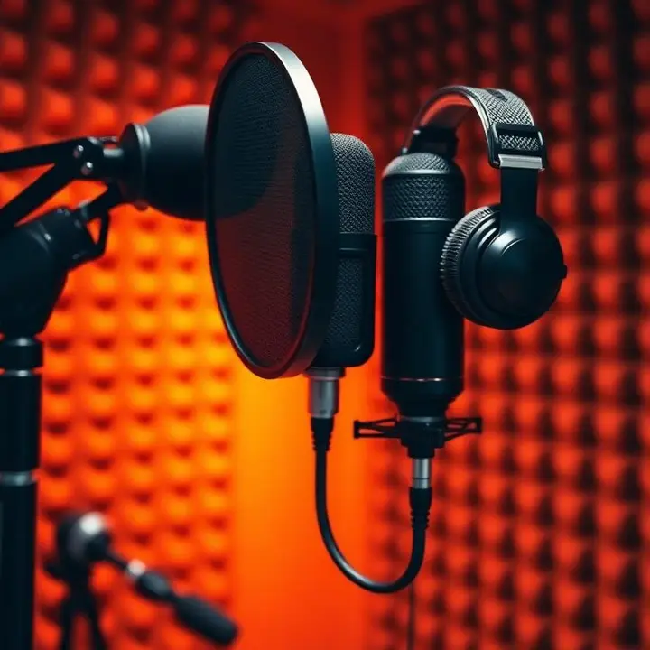 Professional studio condenser microphone with pop filter and headphones for voice over recording