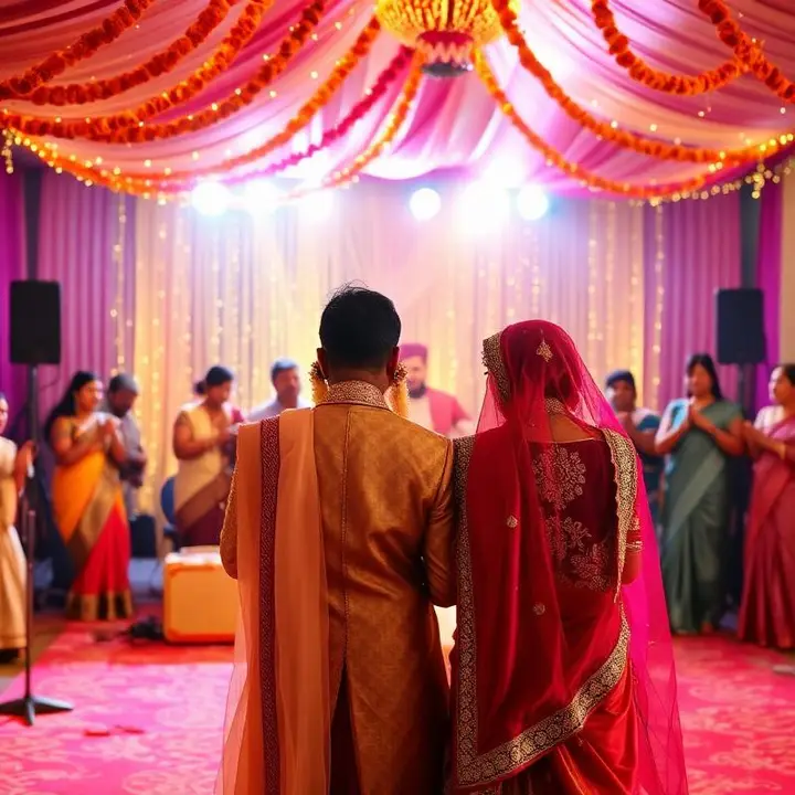 Indian wedding sangeet stage decorated with marigolds and fairy lights